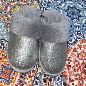Silver Glitter Slippers with Faux Fur
